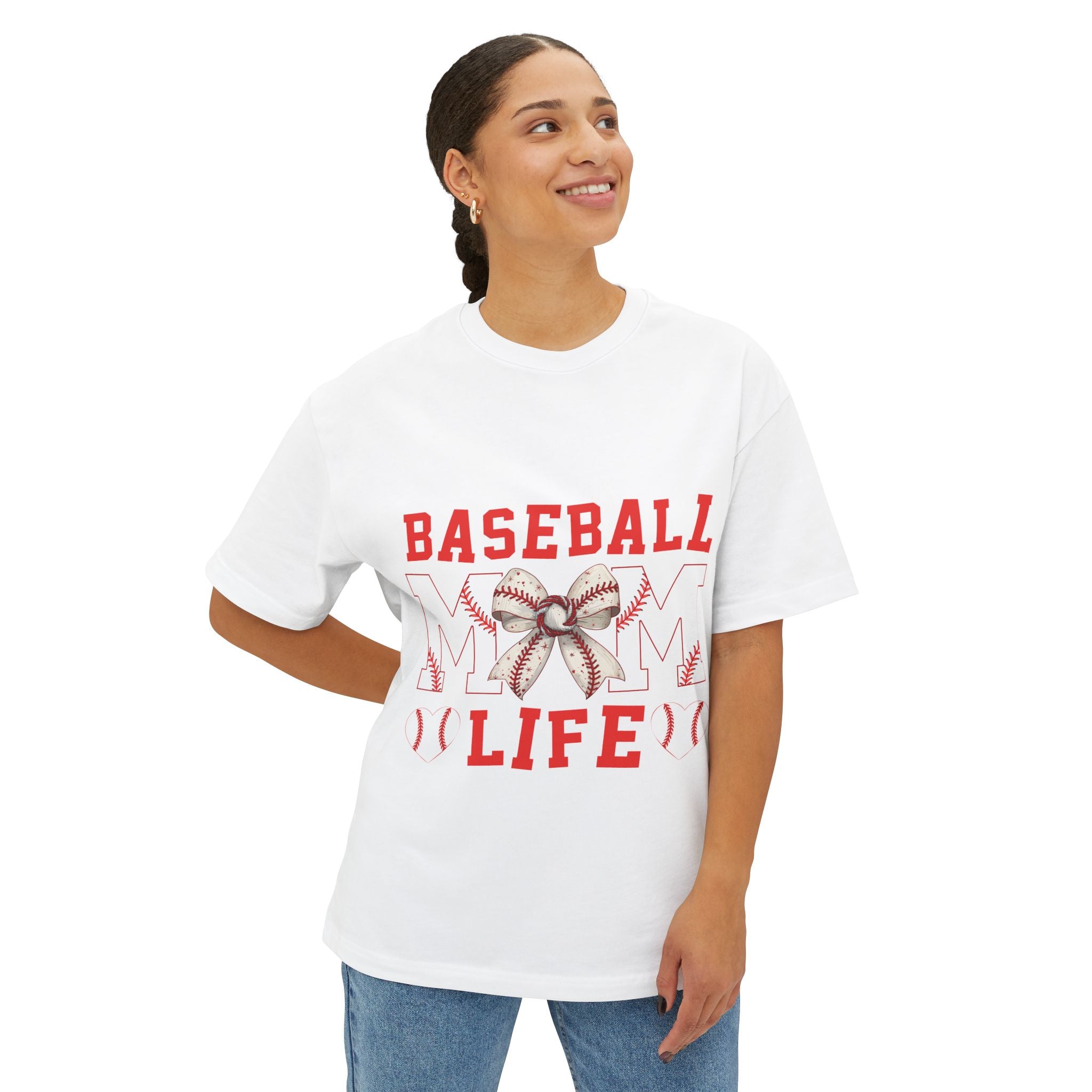 Baseball Mom Life Tee — Oversized Boxy Shirt with Bow & Stitch Design