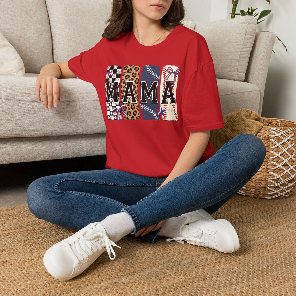 Mama Graphic T-Shirt — Leopard, Baseball & Checker Patchwork Design