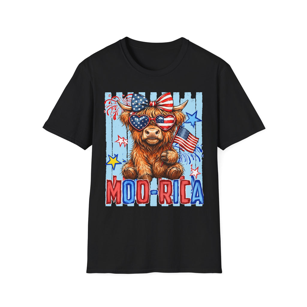 Patriotic 'Moo-rica' Cow T-Shirt — 4th of July American Flag Graphic Tee