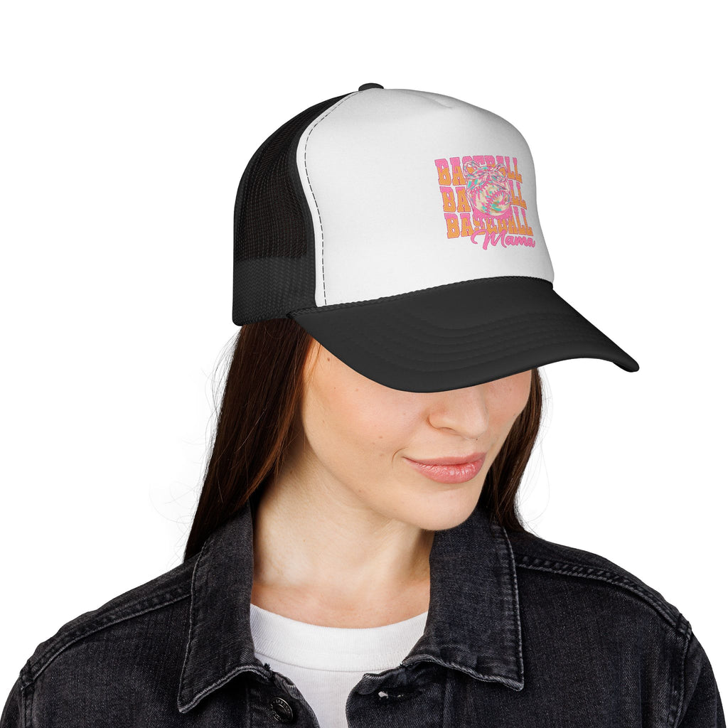 Baseball Grandma Trucker Cap — Retro Pink Floral Sport Mom Hat