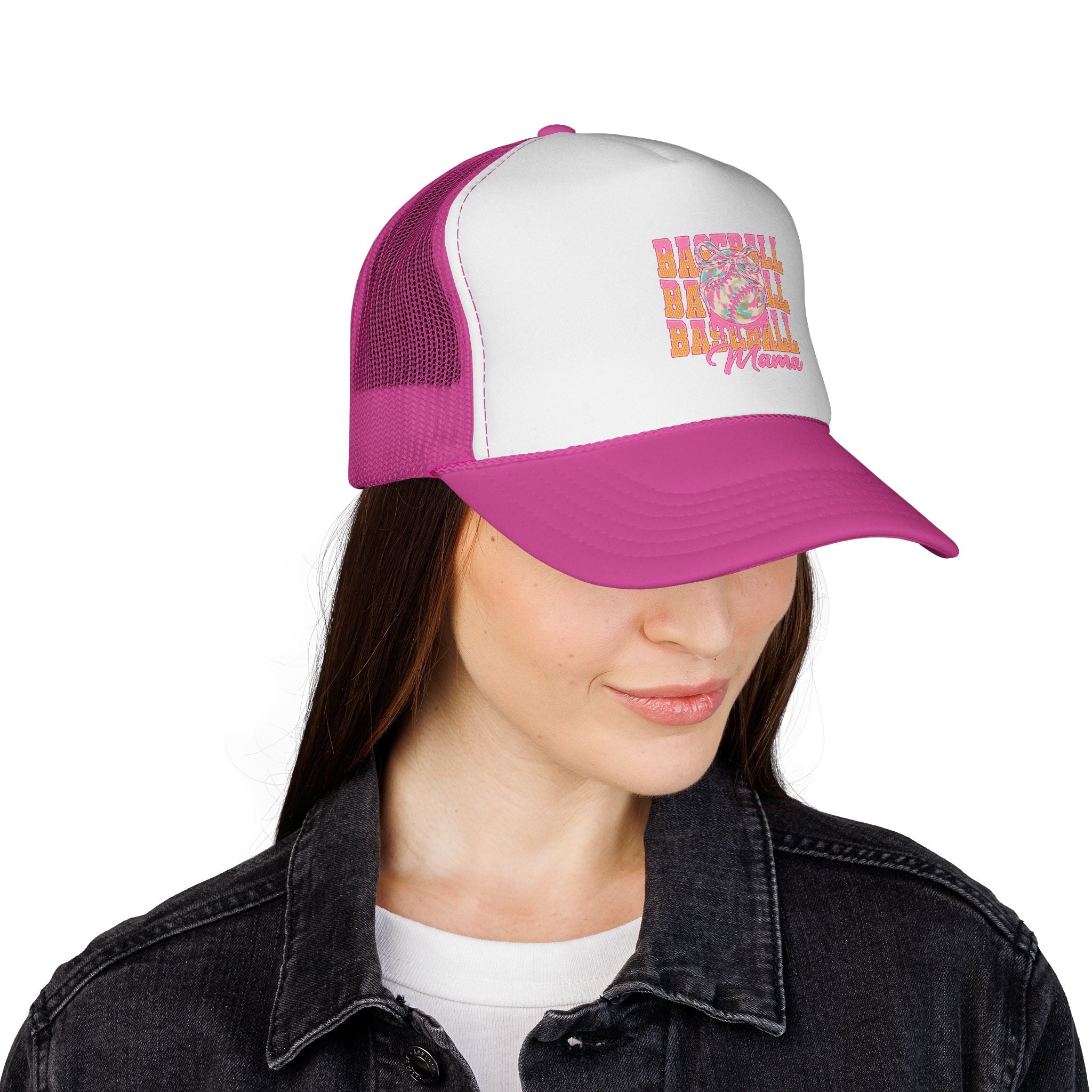Baseball Grandma Trucker Cap — Retro Pink Floral Sport Mom Hat