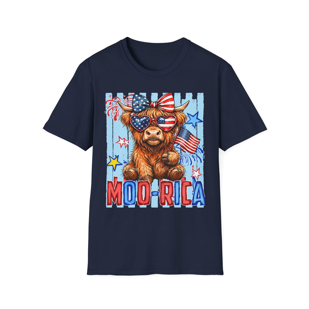 Patriotic 'Moo-rica' Cow T-Shirt — 4th of July American Flag Graphic Tee