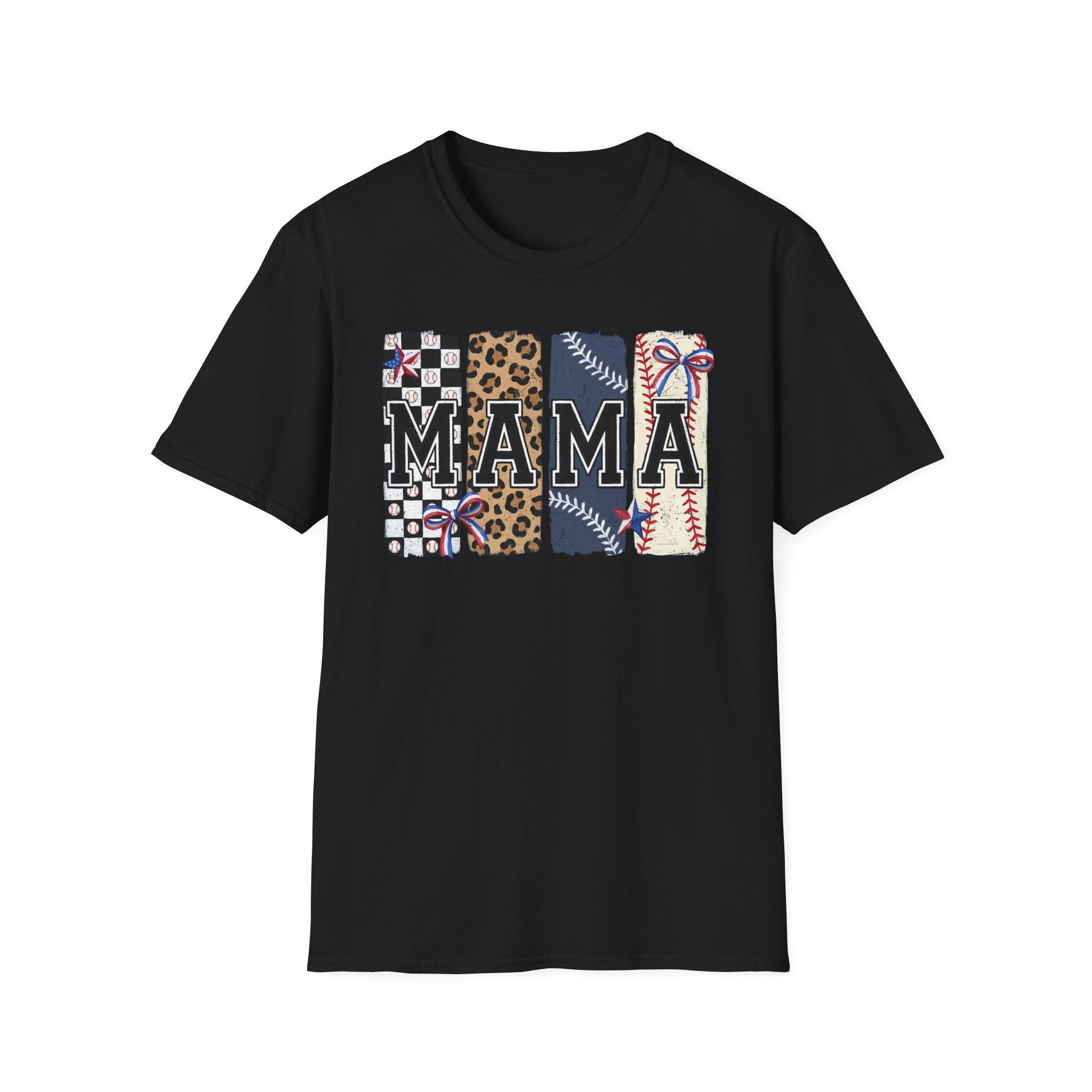 Mama Graphic T-Shirt — Leopard, Baseball & Checker Patchwork Design