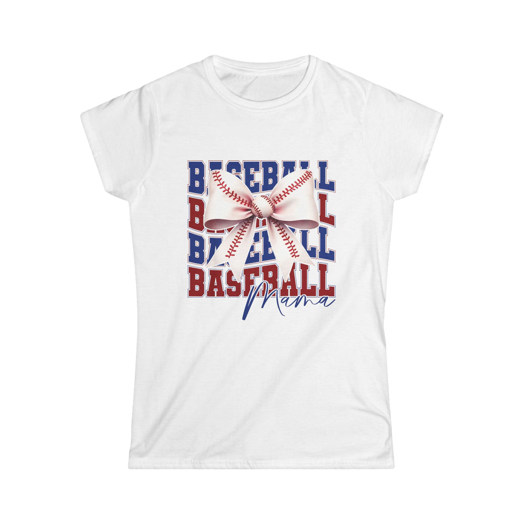 Baseball Mama Tee – Red White Blue Bow Softstyle Women's Shirt