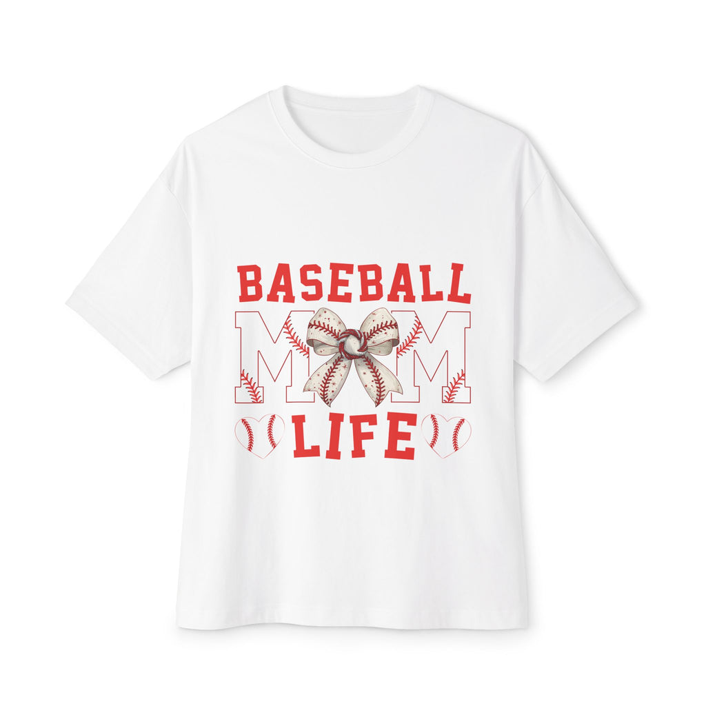 Baseball Mom Life Tee — Oversized Boxy Shirt with Bow & Stitch Design
