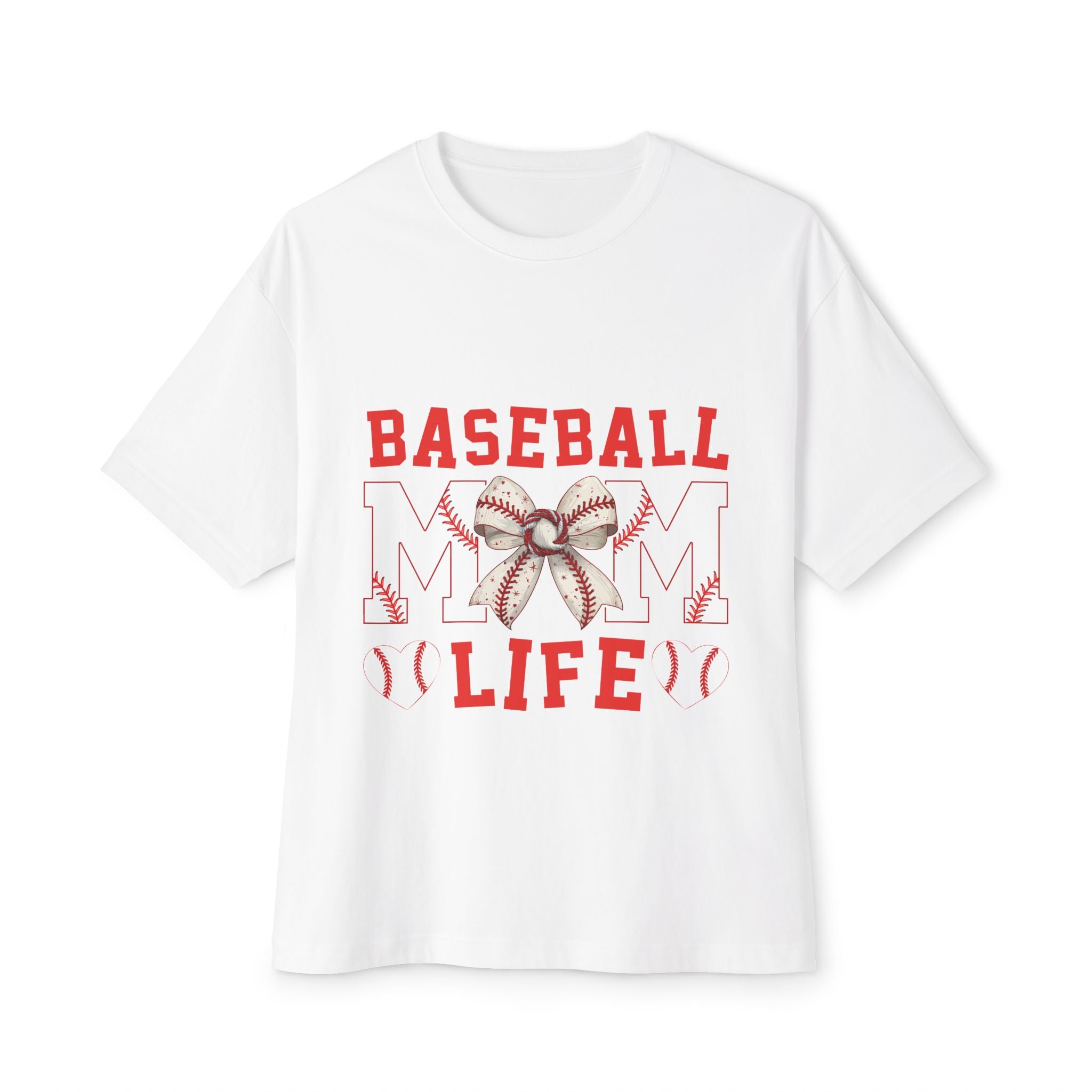 Baseball Mom Life Tee — Oversized Boxy Shirt with Bow & Stitch Design