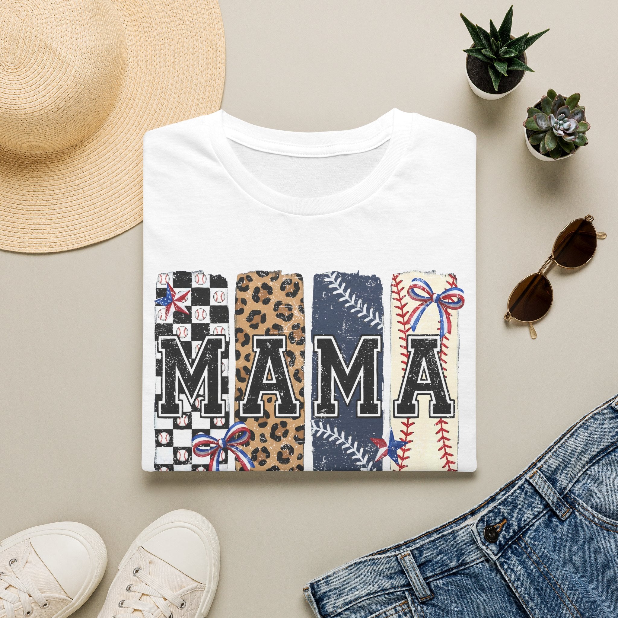 Mama Graphic T-Shirt — Leopard, Baseball & Checker Patchwork Design